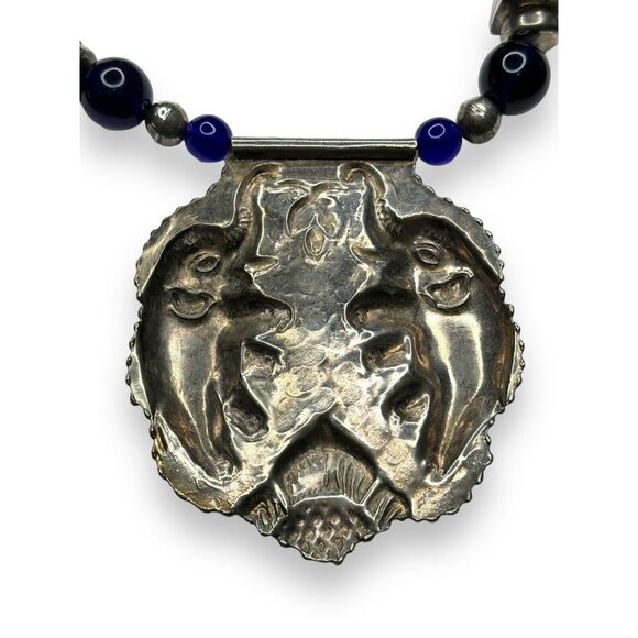Vintage Tribal Silver Tone Statement Necklace Elephant Pendant Blue Beads 28in - Picture 7 of 12